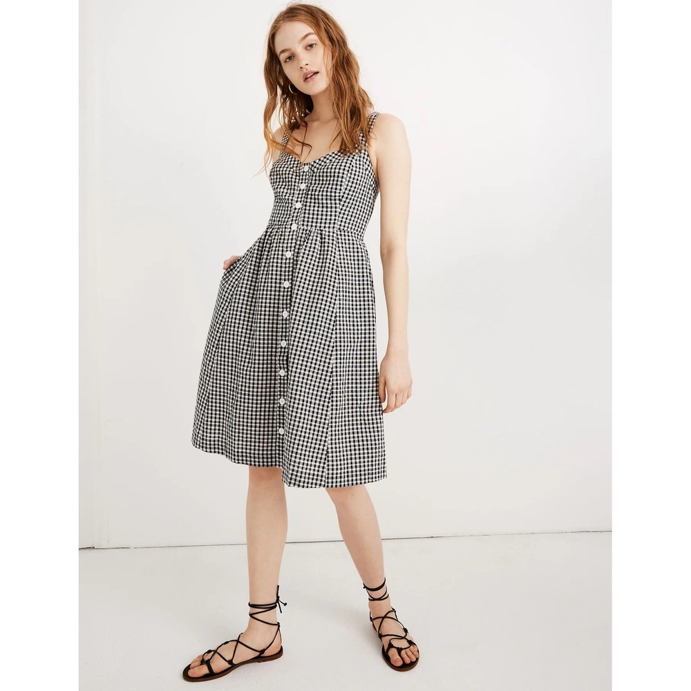 Madewell smocked-back dress Gingham women 10 black white fit flare picnic retro